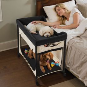 Luxury Elevated Lounge Pet Bed, Foldable Bunk Dog Bed With 600D Oxford Cloth And Dutch Velvet, Portable Raised Cot With Wheels, Side Storage Bags (Option: Beige)